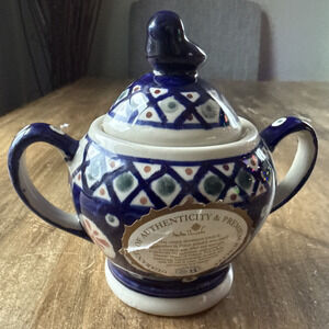 Boleslawiec Polish Pottery Sugar Bowl With Handles & Lid With Bird Finial